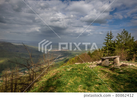 Wooden bench on Viewpoint in Tara National Park 80862412