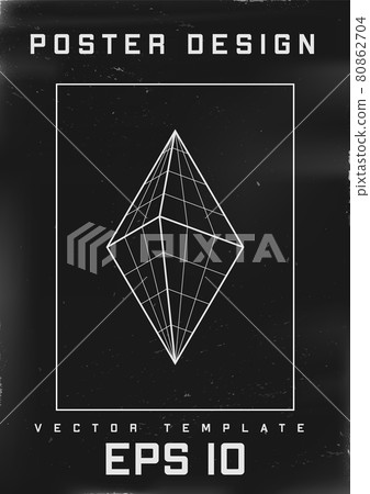 Retrofuturistic poster design. Cyberpunk 80s style poster with 3d grid rhombus or bipyramid. Shabby scratched flyer template for your design. Vector 80862704