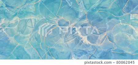 Marble-like background illustration) Blue-green gradation alcohol ink art banner beautiful water Kintsugi 80862845
