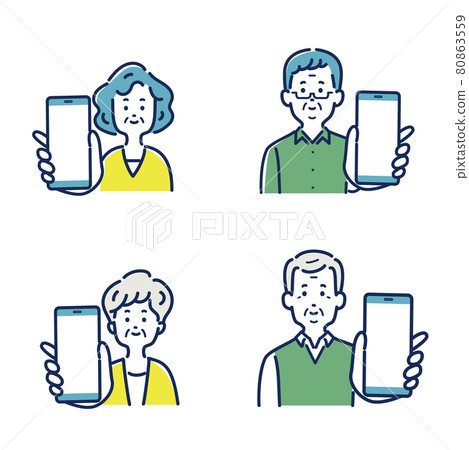 Illustration material set of senior men and women showing smartphones Illustration material set of senior men and women showing smartphones 80863559