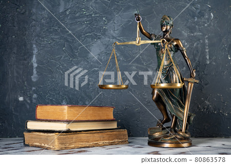 Scales of Justice, Lady Justice, law library concept, Law books in the background. 80863578