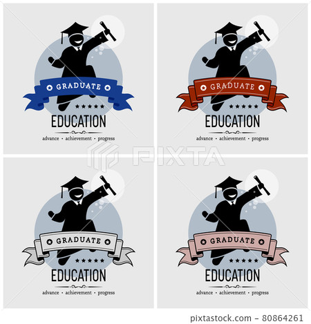 Student graduation logo design. Vector artwork of a graduated University degree holder jumping and holding on a scroll happily. 80864261