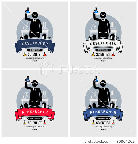 Scientist and lab logo design. Vector artwork of professor or researcher finding new discovery at laboratory. 80864262