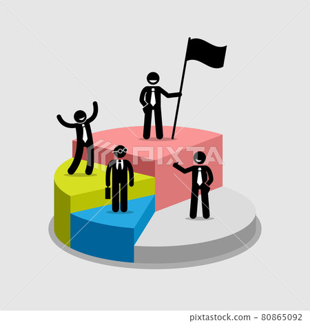 Businessman standing on top of each portion of a pie chart. 80865092