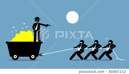 Boss forcing employees and workers to work hard by threatening them with a gun. 80865132