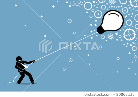 Businessman pulling a flying floating light bulb on a string. 80865133