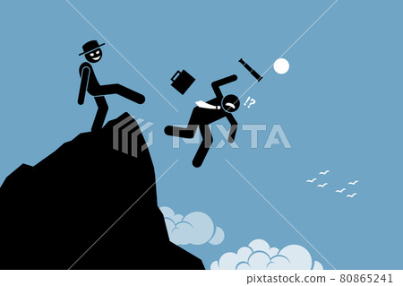Evil man kicking down his business partner from the top of the hill. Evil man kicking down his business partner from the top of the hill. 80865241