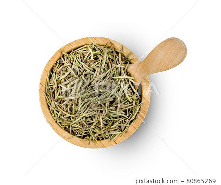 Dry rosemary in wooden bowl and spoon isolated on white background ,include clipping path Dry rosemary in wooden bowl and spoon isolated on white background ,include clipping path 80865269