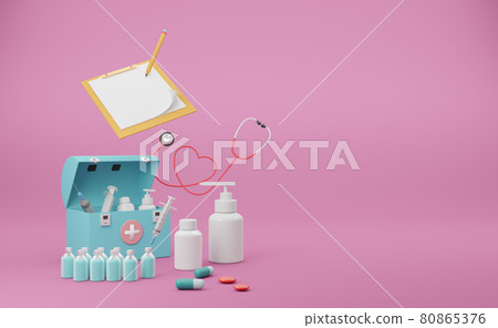 First aid kit with stethoscope and syringe on pink background ,Concept 3d illustration or 3d render First aid kit with stethoscope and syringe on pink background ,Concept 3d illustration or 3d render 80865376