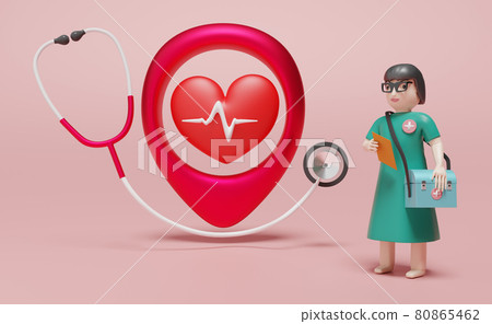red heart with electrocardiogram and stethoscope and doctor in pink background ,health love concept ,3d illustration or 3d rendering red heart with electrocardiogram and stethoscope and doctor in pink background ,health love concept ,3d illustration or 3d rendering 80865462