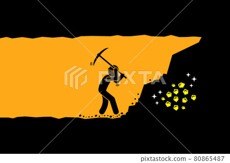 Person worker digging and mining for gold in an underground tunnel. Person worker digging and mining for gold in an underground tunnel. 80865487