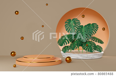 Orange podium empty with leaf monstera and marble in brown composition for modern stage display ,abstract showcase background ,Concept 3d illustration or 3d rendering Orange podium empty with leaf monstera and marble in brown composition for modern stage display ,abstract showcase background ,Concept 3d illustration or 3d rendering 80865488