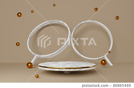 podium marble empty and ball with geometric shapes in brown composition for modern stage display and minimalist mockup ,abstract showcase background ,Concept 3d illustration or 3d rendering 80865489