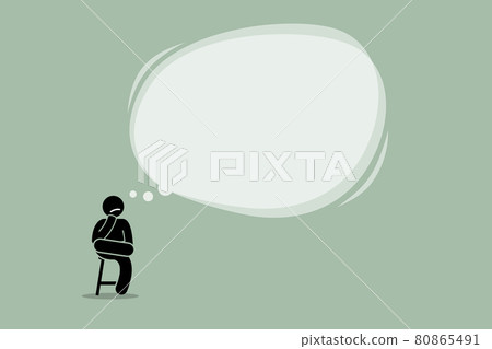 Thinking man sitting on a chair with a big empty bubble cloud. Thinking man sitting on a chair with a big empty bubble cloud. 80865491