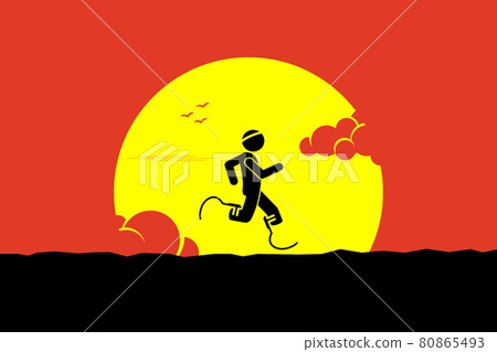 Handicap runner running with running blades or prosthetics leg with a big sun and cloud at the background. Handicap runner running with running blades or prosthetics leg with a big sun and cloud at the background. 80865493