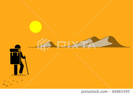 Person with backpack and stick walking in the desert under the hot sun searching for adventure. Person with backpack and stick walking in the desert under the hot sun searching for adventure. 80865495