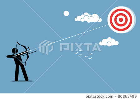 Person using a bow to aim and shoot an arrow to a target in the sky. Person using a bow to aim and shoot an arrow to a target in the sky. 80865499