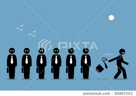 Employee quiting his job by throwing away business briefcase bag and tie leaving all other boring workers behind. 80865501