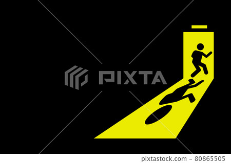 Person leaving dark room to go outside through exit door with bright yellow light casting strong shadow on the floor. 80865505