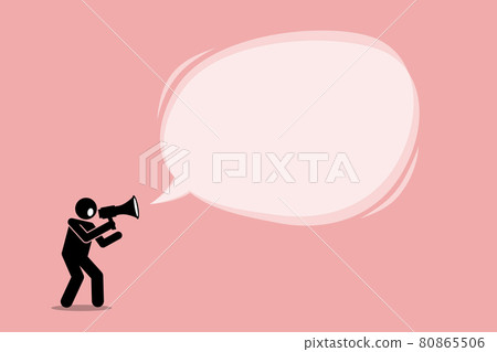 Person talking and shouting using a megaphone to promote, call, and tell an important announcement in a big promotional bubble speech message. Vector depict marketing, promotion, and advertisement. 80865506