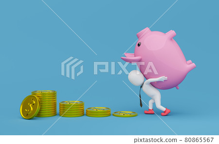 Stick man carrying pigs with gold dollar coins stacks in blue composition background ,Concept 3d illustration or 3d render 80865567