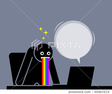 Man is amazed and puking out rainbow saliva by the content he sees from his computer screen. Man is amazed and puking out rainbow saliva by the content he sees from his computer screen. 80865819