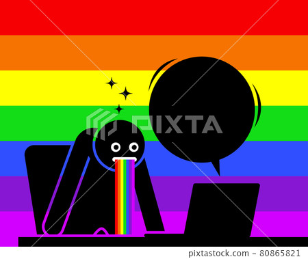 Man is amazed and puking out rainbow saliva by the content he sees from his computer screen. Man is amazed and puking out rainbow saliva by the content he sees from his computer screen. 80865821