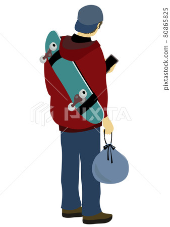 Illustration of the back of a man carrying a skateboard, holding a bag with a helmet, and looking at a smartphone Illustration of the back of a man carrying a skateboard, holding a bag with a helmet, and looking at a smartphone 80865825