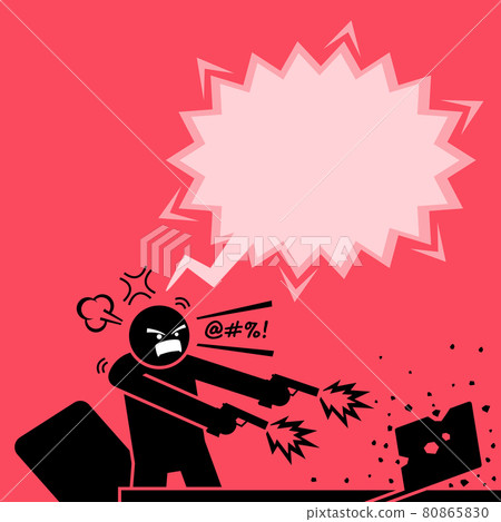 Man shooting at a computer with two guns because he is very angry at the laptop. 80865830