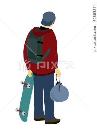 Illustration of the back of a man holding a bag with a skateboard and a helmet Illustration of the back of a man holding a bag with a skateboard and a helmet 80865834