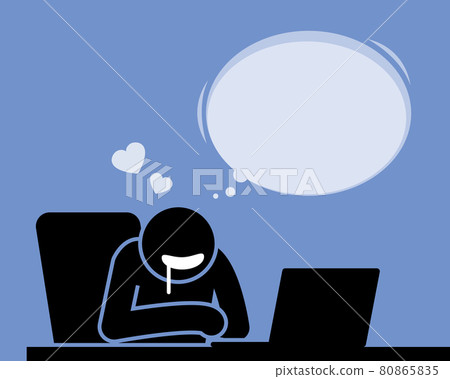 Man looking at a computer screen while drooling all over his mouth. 80865835