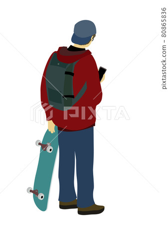 Illustration of the back of a man looking at a smartphone with a skateboard 80865836