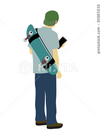 Illustration of the back of a man carrying a skateboard and looking at a smartphone Illustration of the back of a man carrying a skateboard and looking at a smartphone 80865838