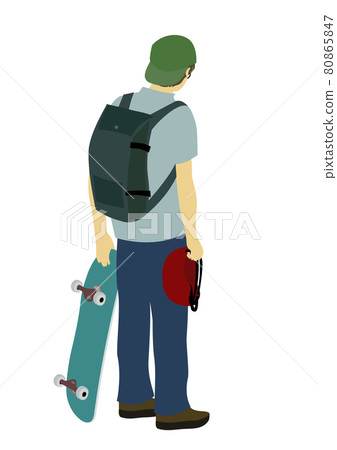 一個男人拿著滑板和頭盔的背影插圖 一個男人拿著滑板和頭盔的背影插圖 80865847
