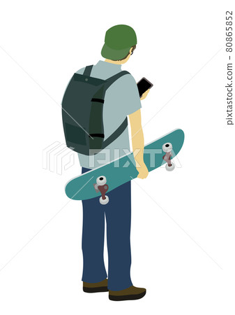 Illustration of the back of a man holding a skateboard and looking at a smartphone 80865852