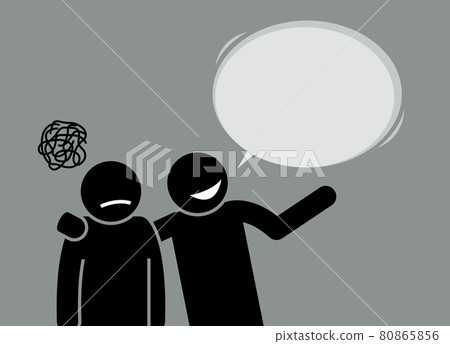 A man happily showing his friend and telling him about the world they lived in. 80865856