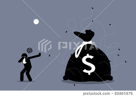 Man closing his nose and rejecting dirty and stinking money that is surrounded by flies. 80865876