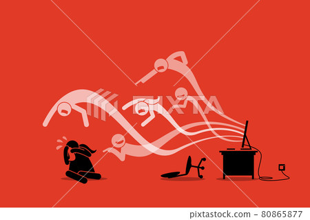 Cyberbully Coming Out from the Computer Internet to Bully and Harass a Girl. Cyberbully Coming Out from the Computer Internet to Bully and Harass a Girl. 80865877