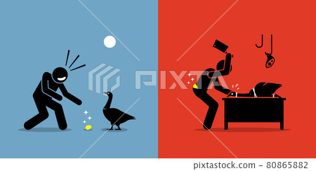 Man Killing a Golden Goose with a Gold Egg. 80865882