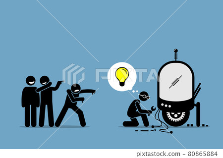 Critics Mocking and Making Fun of an Inventor from Creating and Inventing New Idea and Extraordinary Technology. 80865884