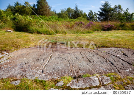 Cup and rings marked stone at Cairnbaan prehistoric site Argyll and Bute Scotland UK Cup and rings marked stone at Cairnbaan prehistoric site Argyll and Bute Scotland UK 80865927
