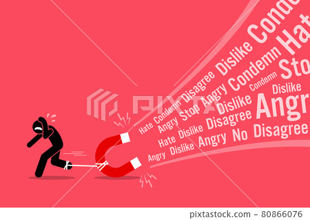 A man creating a lot of hates and dislikes on his social media. Vector artwork illustrations depict the concept of social media, hatred, angry, displease, unhappiness, and disgust by post and message. 80866076