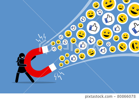 Woman using a big magnet to attract social media likes thumb up, and smiles. Vector artwork illustration depicts the concept of social media attraction, likes, hype, viral and the Internet technology. 80866078