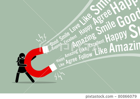 Woman using a big magnet to attract social media likes. Vector artwork illustration depicts the concept of social media attraction, likes, hype, viral and the Internet technology. 80866079