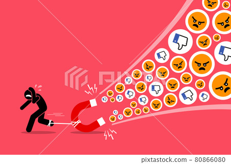 A man creating a lot of hates and dislikes on his social media. Vector artwork illustrations depict the concept of social media, hatred, angry, displease, unhappiness, and disgust by post and message. 80866080