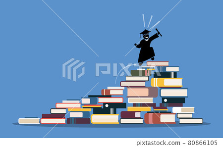 Happy graduating student climbing to the top of book piles. 80866105