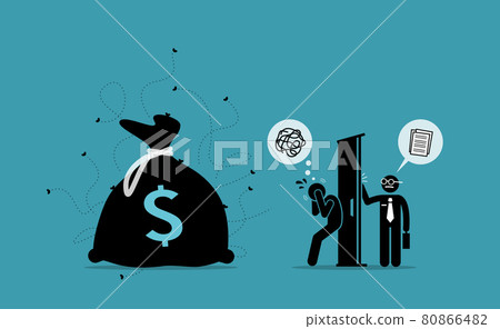 Man keeping dirty money in the house while IRS agent auditor come knocking at the door and checking account. Vector illustration concept of money laundering, illegal money, fraud and embezzlement. 80866482