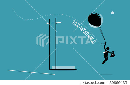 Taxpayer with money flying over a pole vault high bar with balloons to avoid paying tax. Vector illustration concept of tax avoidance, evasion, tax exemption, and escaping audit. 80866485