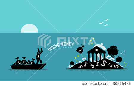 Businessman taxpayer hiding money at tax haven island. Vector illustration concept of money laundering, embezzlement, offshore banking to avoid tax, tax evasion, business crime, and illegal income. 80866486