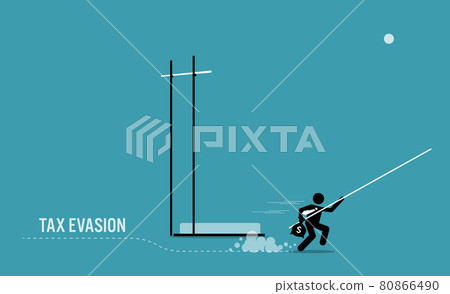 Taxpayer with money side stepping and running away from pole vault high bar to avoid paying tax. Vector illustration concept of tax avoidance, evasion, tax exemption, and escaping audit. 80866490